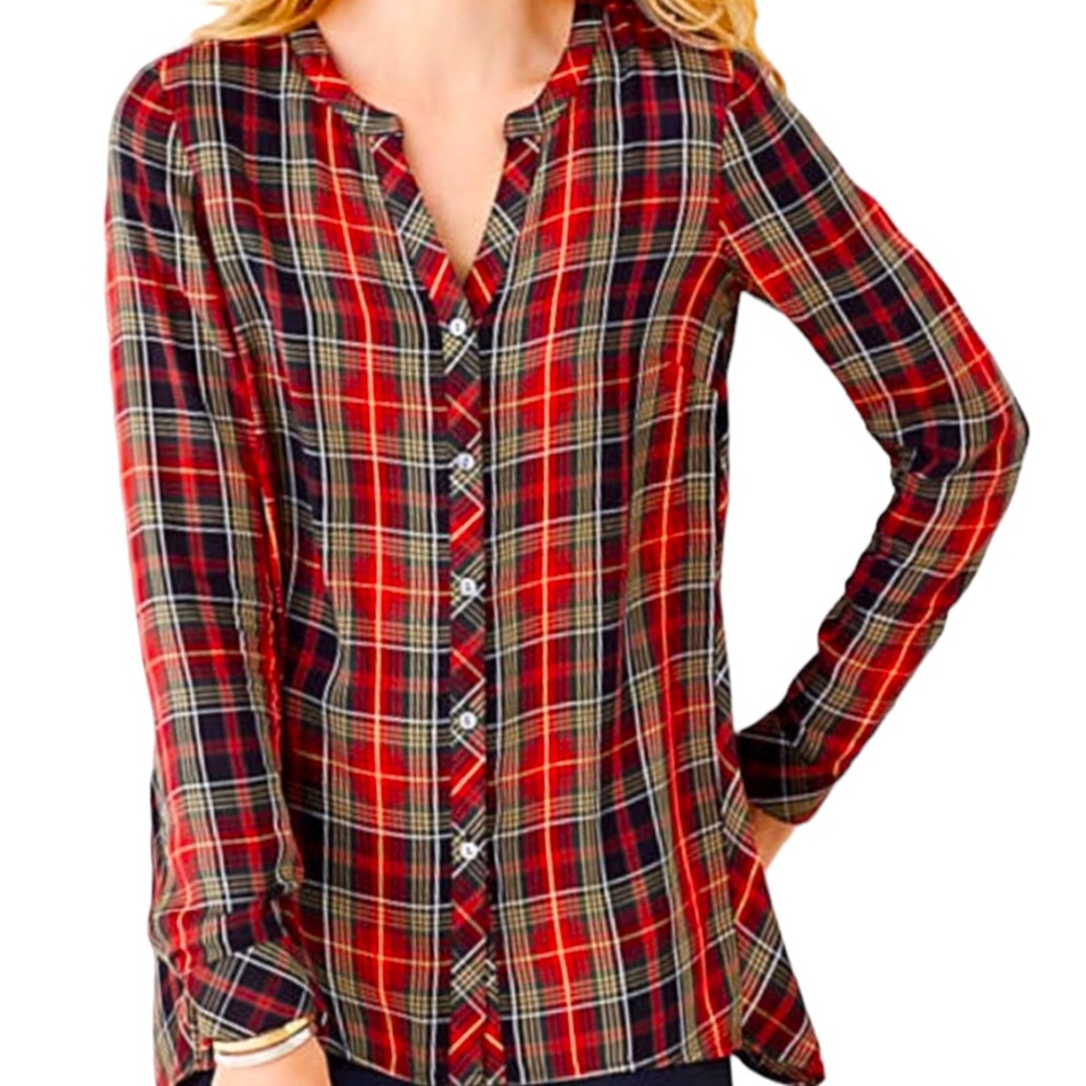 J. Jill Long Sleeve Red & Black Plaid V-Neck Casual Long Sleeve Casual Top S